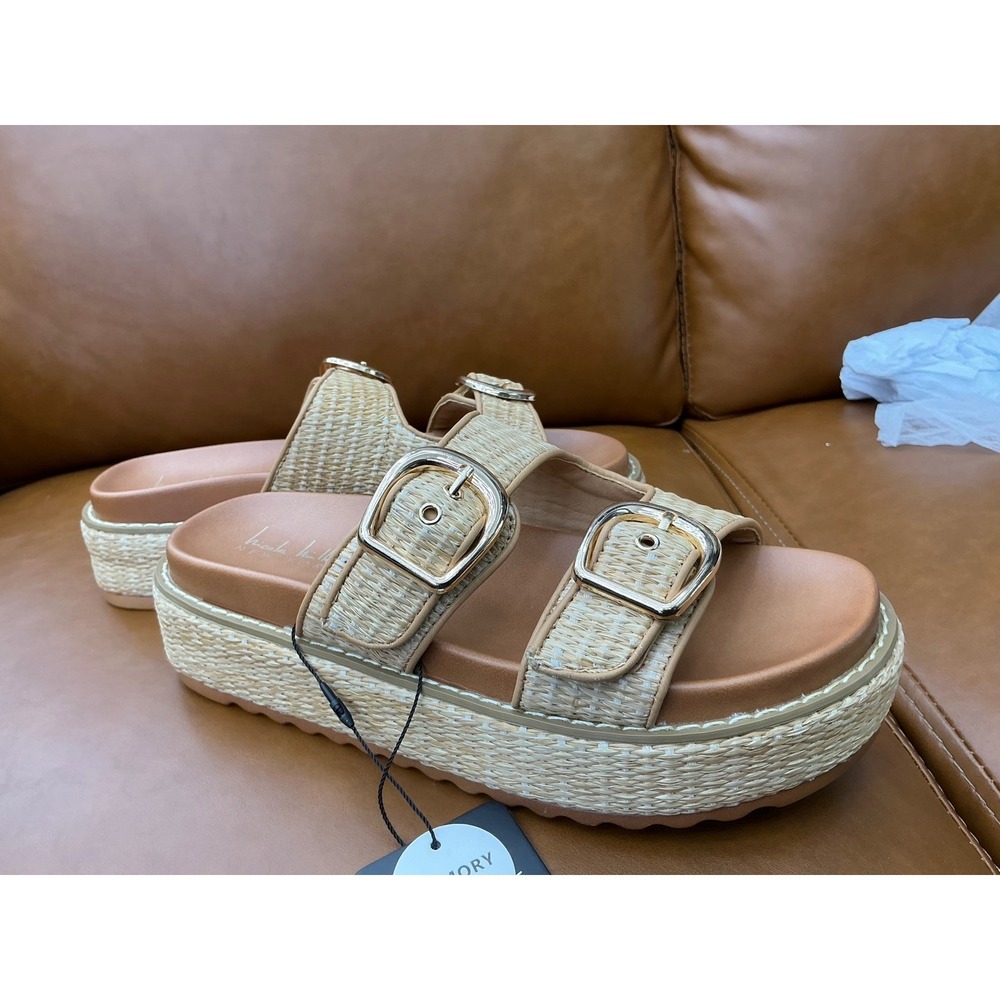 Nicole Miller Keren Platform Slides Womens 8 Tan Raffia New Buckle Sandals